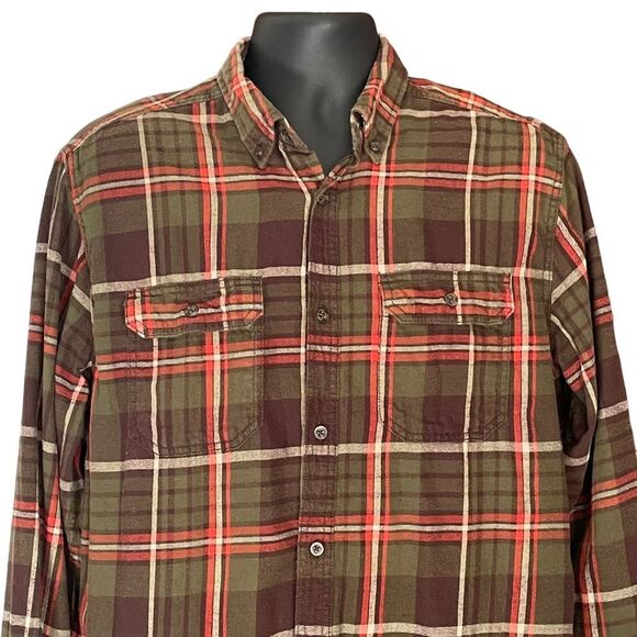 George Brown Green Orange Plaid Flannel Button Down, size Large - Picture 2 of 7